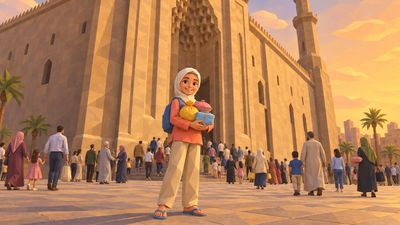 Concept artwork of a girl carrying wrapped contributions to an imagined iftar gathering outside Sultan Hassan in Cairo