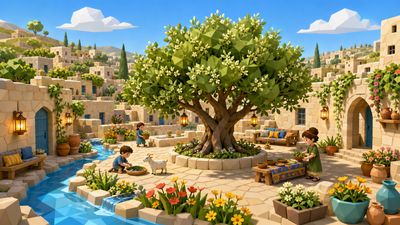 Olive Spring game world artwork with children helping in a bright garden village