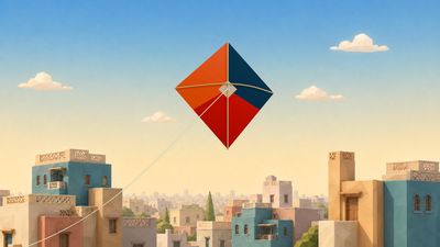 Patang artwork with a colourful kite flying above warm neighbourhood rooftops