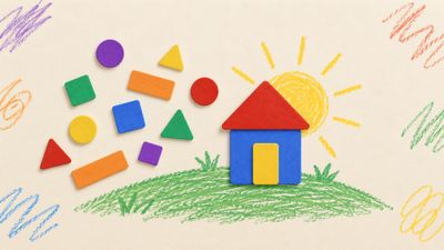 Rangrez artwork with felt shapes, a crayon house on a green hill, and a yellow crayon sun rising on warm paper