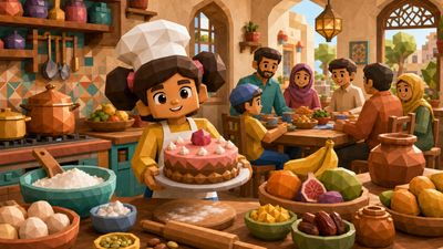 Recipe Rescue low-poly family kitchen game artwork with a girl presenting a cake